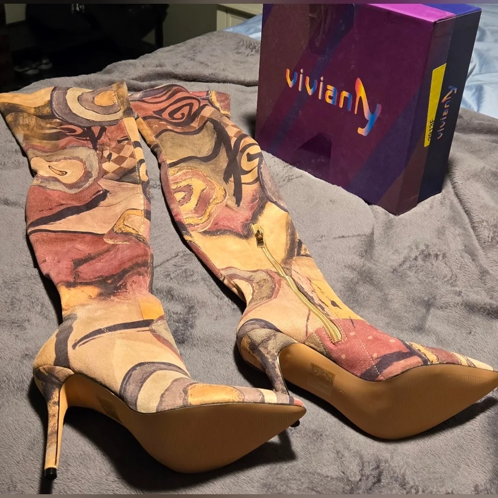 Vivianly Over the Knee Boots Pink and Tan High Heel #652 - Picture 2 of 13